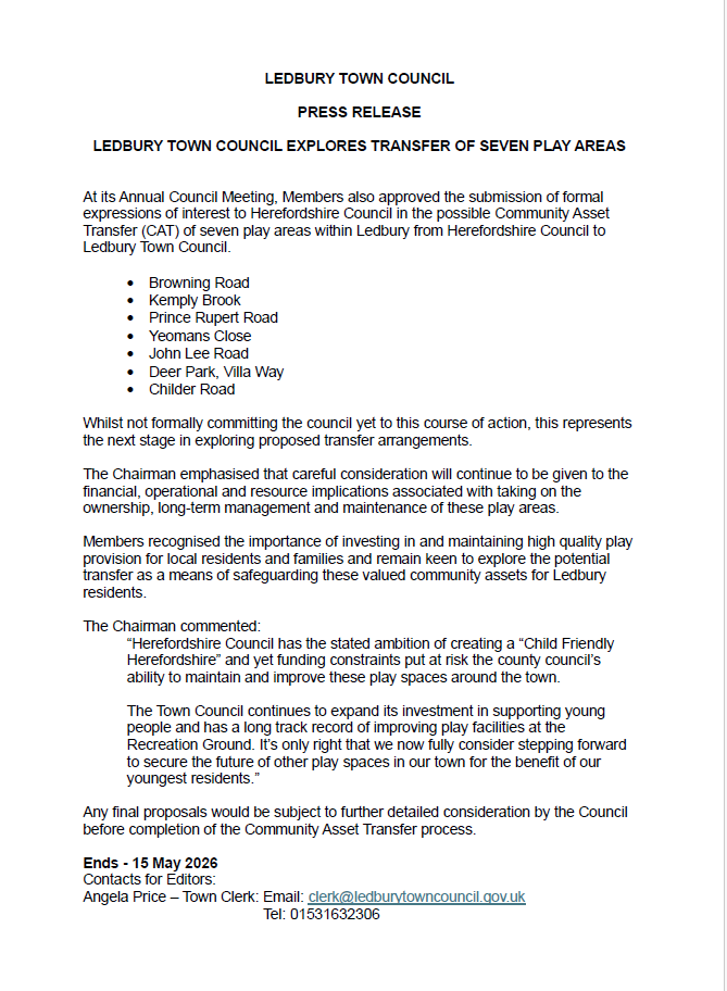 Press Release - Ledbury Town Council Explores Transfer of Seven Play Areas