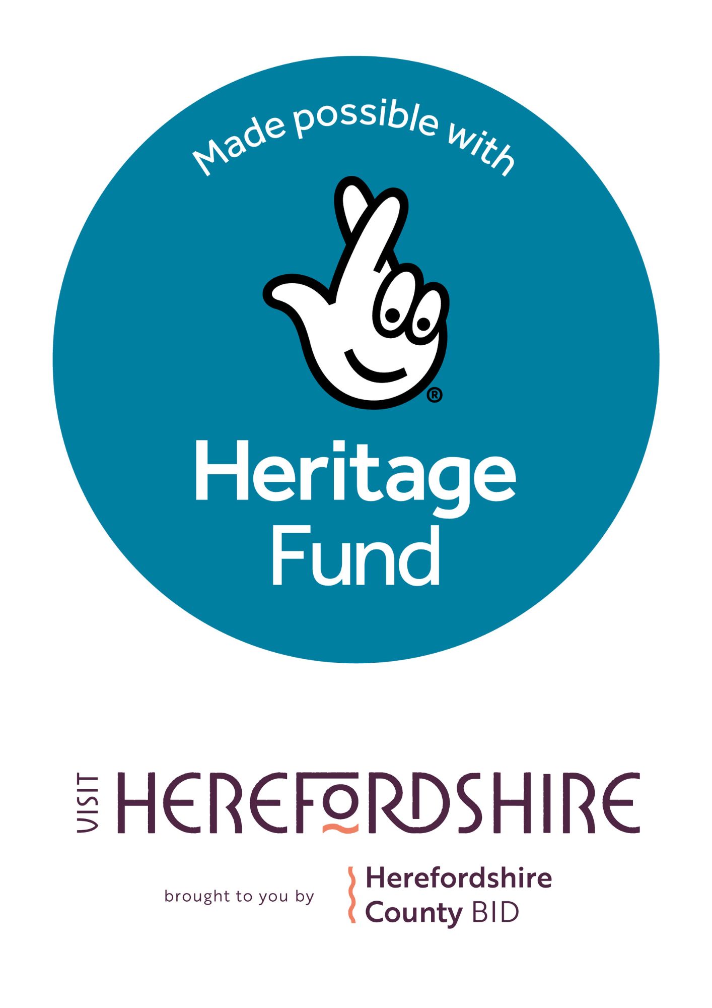 The National Lottery Heritage Fund acknowledgement stamp and the Visit Herefordshire acknowledgement stamp. 