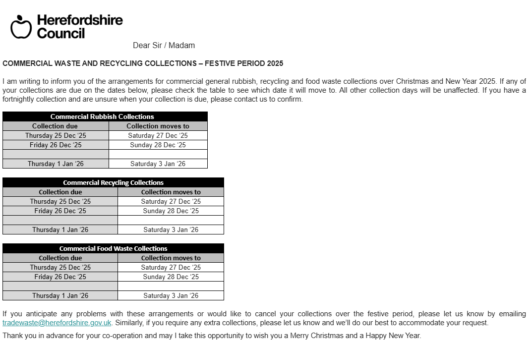 FESTIVE PERIOD - BIN COLLECTIONS 2025