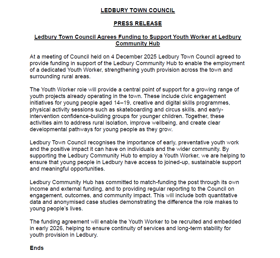 Press Release - Ledbury Town Council Agres Funding to Support Youth Worker at Ledbury Community Hub