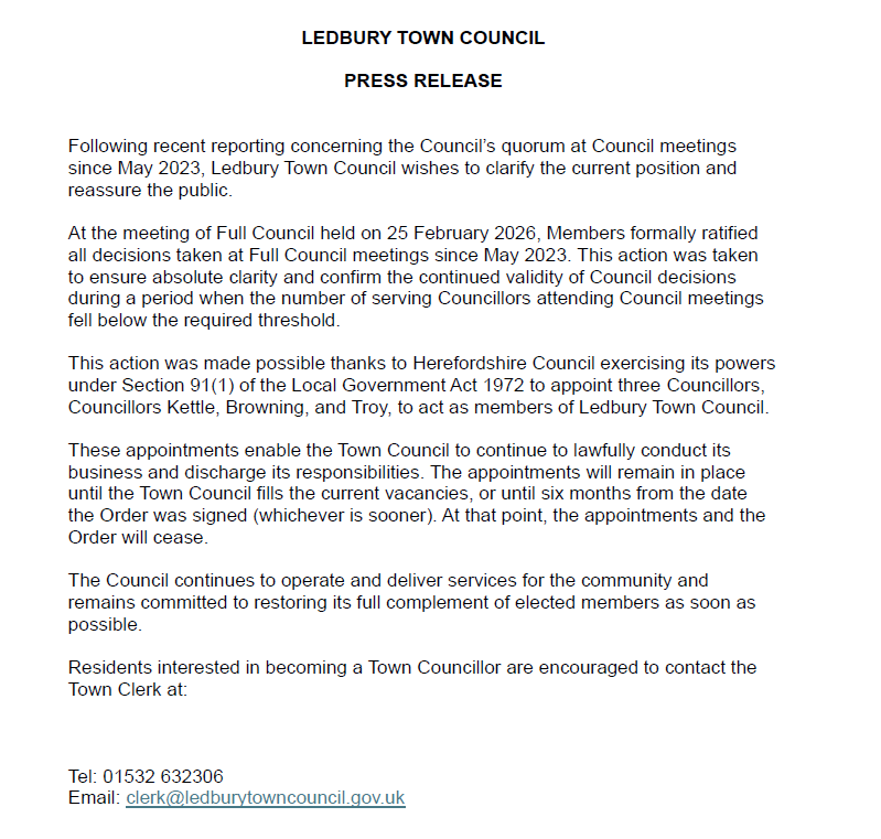 Ledbury Town Council Press Release 