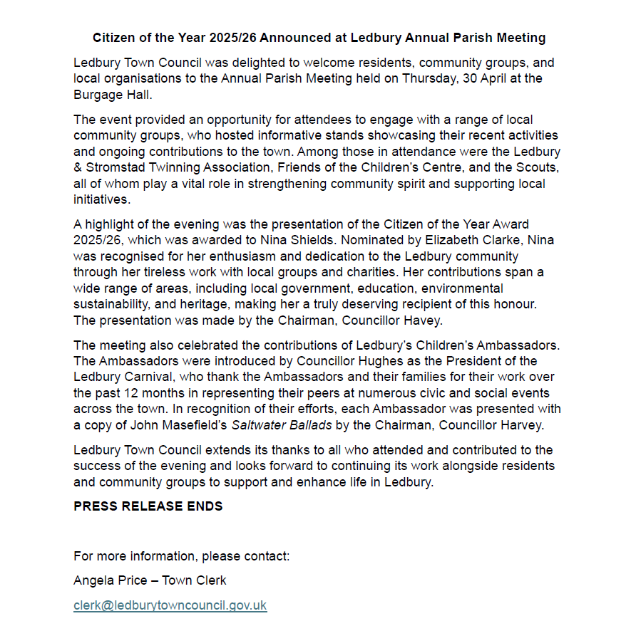 Citizen of the Year 2025- 2026 Press Release