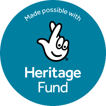 The National Heritage Lottery Fund Logo, showing a set of crossed fingers in white on a teal background. There is text around the crossed fingers reading 'Made possible with Heritage Fund.'