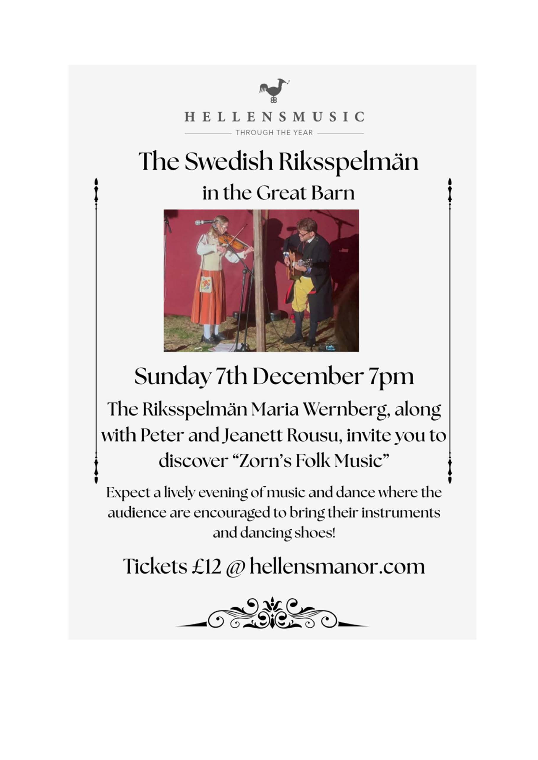 The Swedish Rikssppelman Sunday 7 December 7pm at the Great Barn 