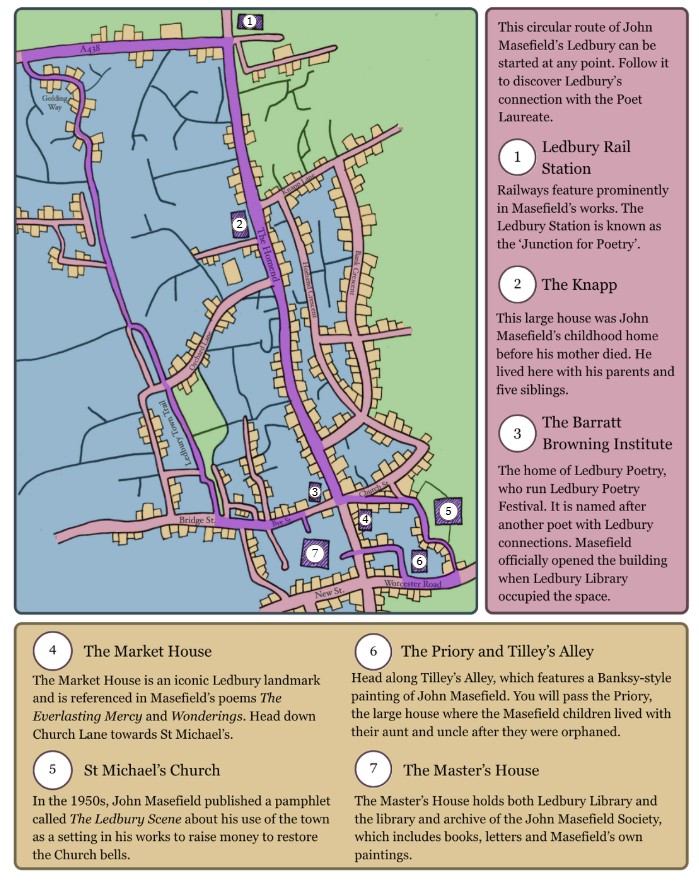 A map of Ledbury featuring places significant to John Masefield