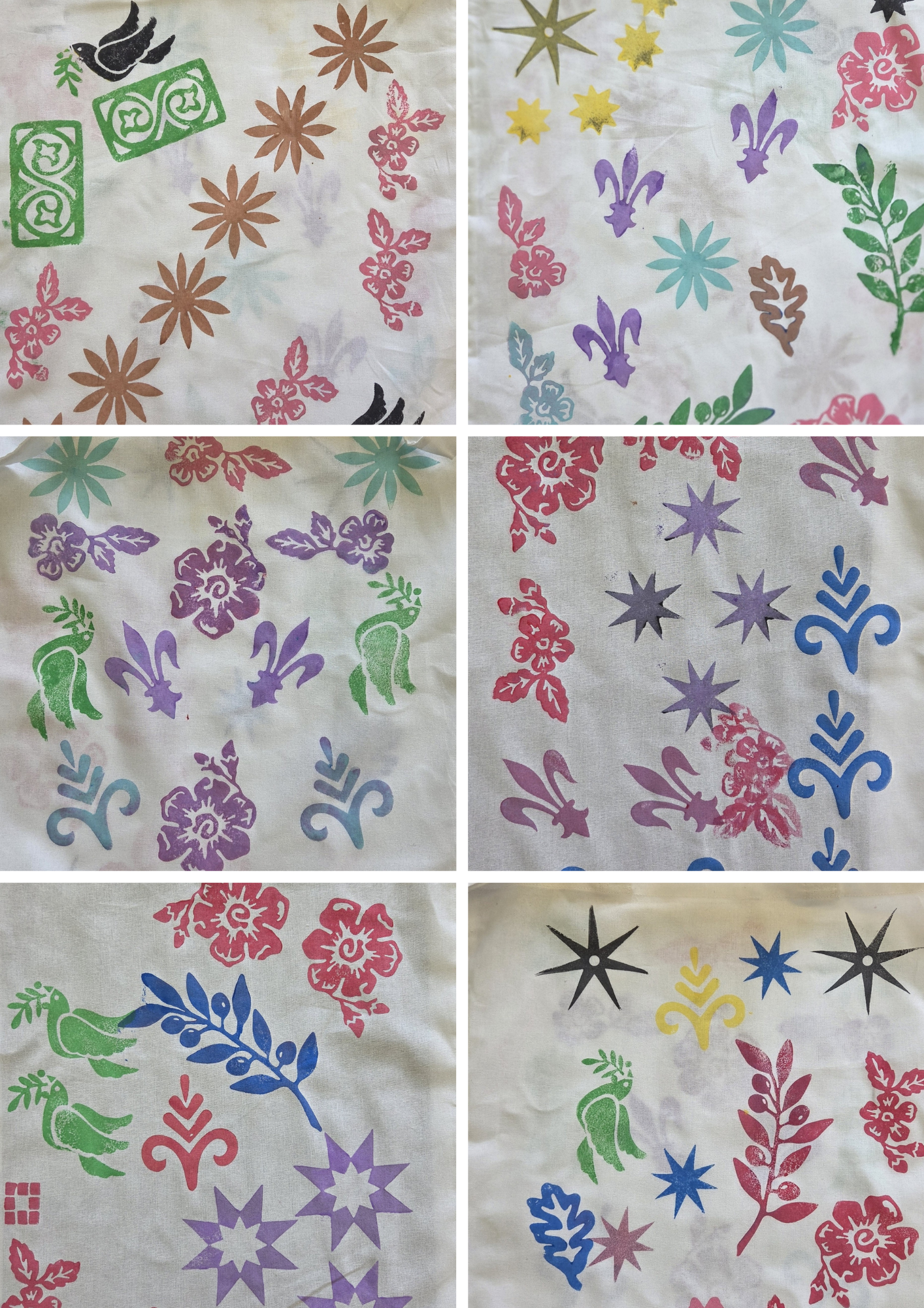 A grid of photographs showing handprinted tote bags in bright colours. 