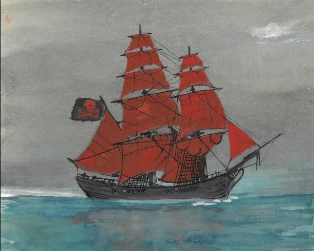 A painting of a ship with red sails.